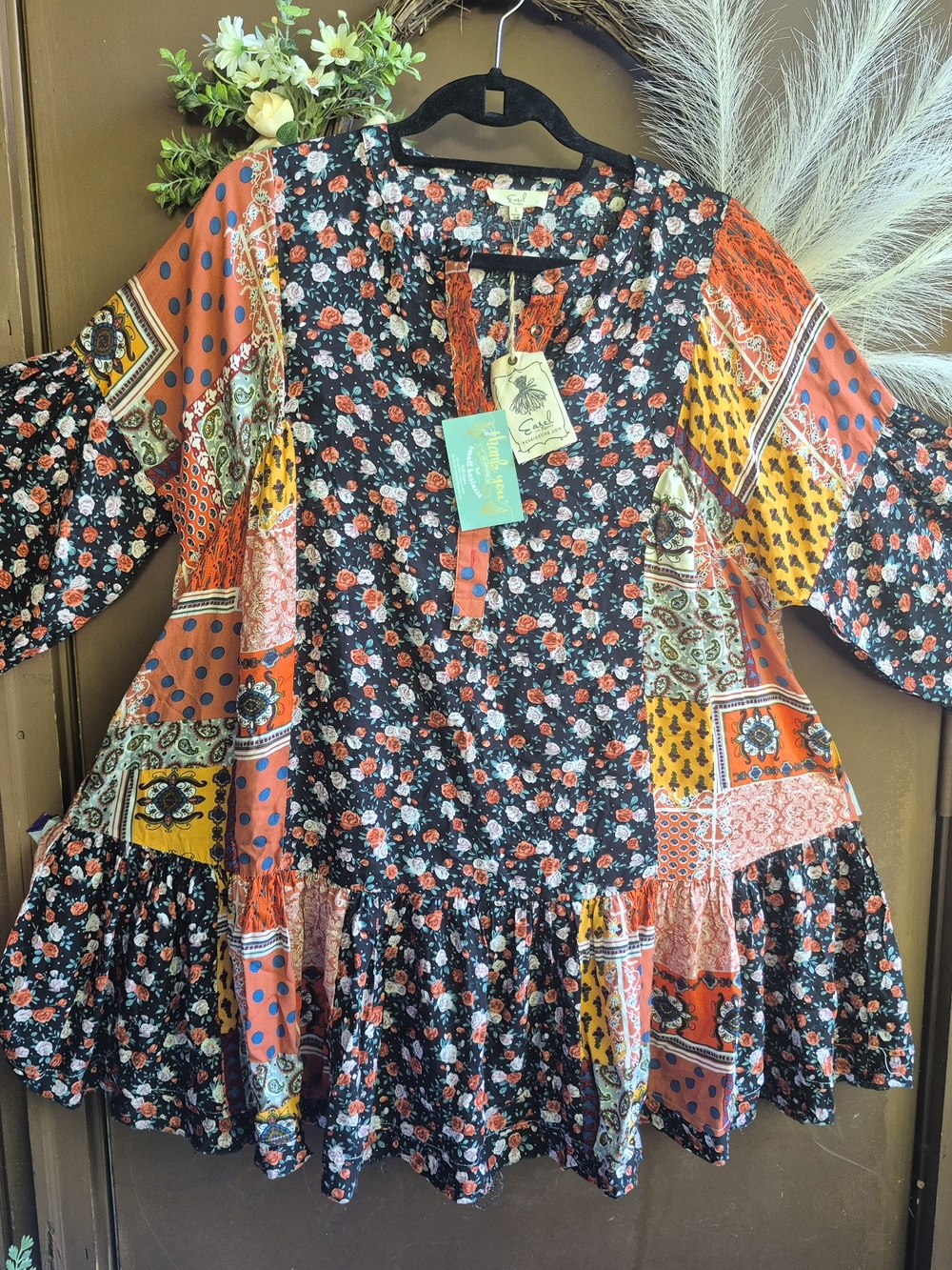 easel Black Floral Patchwork Boho Tunic Dress with Orange & Yellow Accents